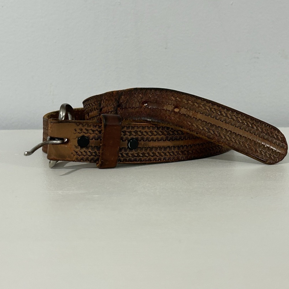 Vintage Leather Belt Tooled Full Grain Cowhide Leather USA Brushy Creek Tan 38